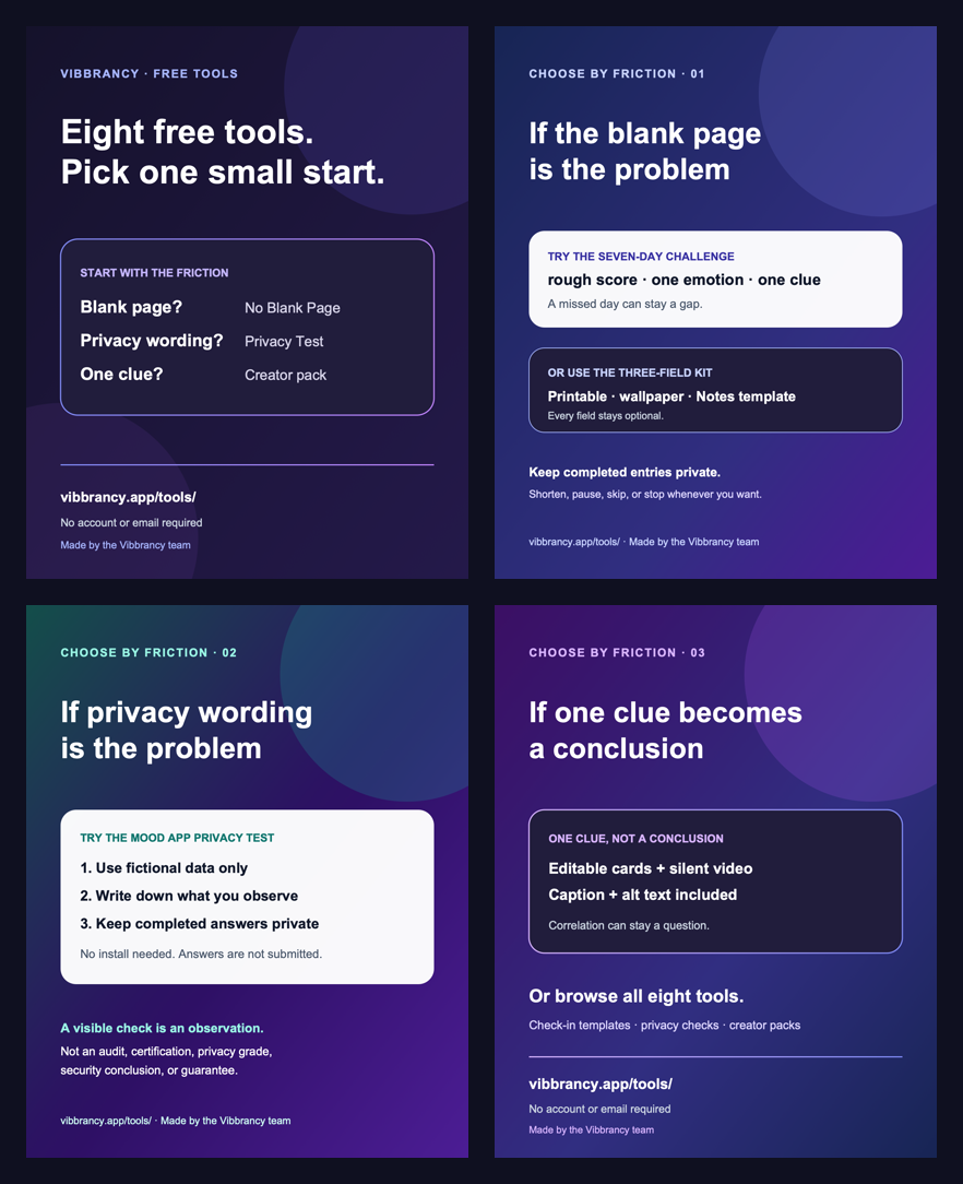 Preview of four Vibbrancy Free Tools carousel cards covering blank-page friction, fictional-data privacy checks, and treating one clue as a clue rather than a conclusion