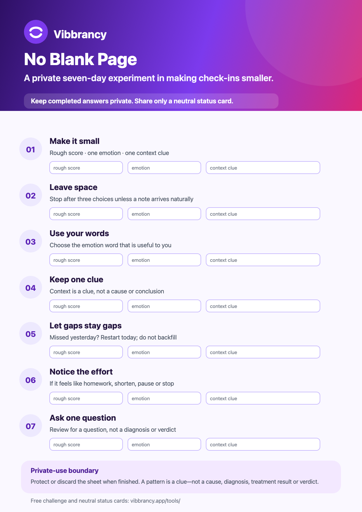 Blank seven-day private challenge sheet with score, emotion, and context rows, plus a reminder to keep completed entries private.