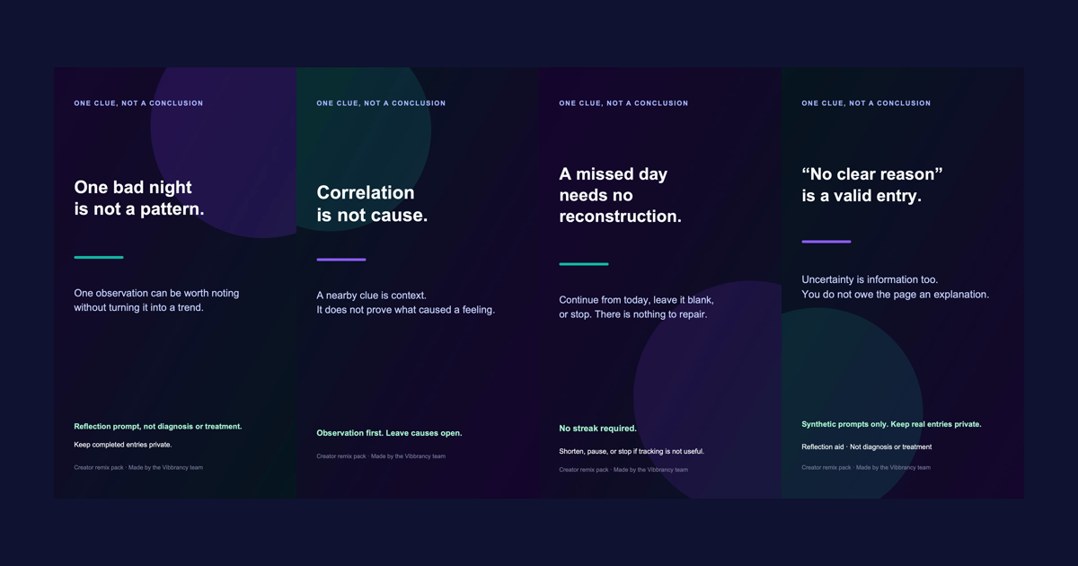 Four purple and teal reflection cards shown side by side.